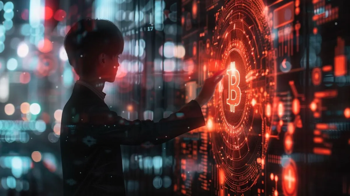 ホログラフィック画面でビットコインの予測を分析する日本のビジネスパーソン