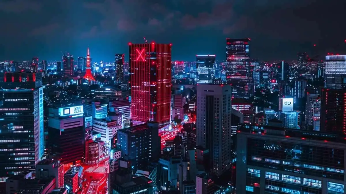 リップル（XRP）のロゴが高層ビルに照らし出された日本の金融街