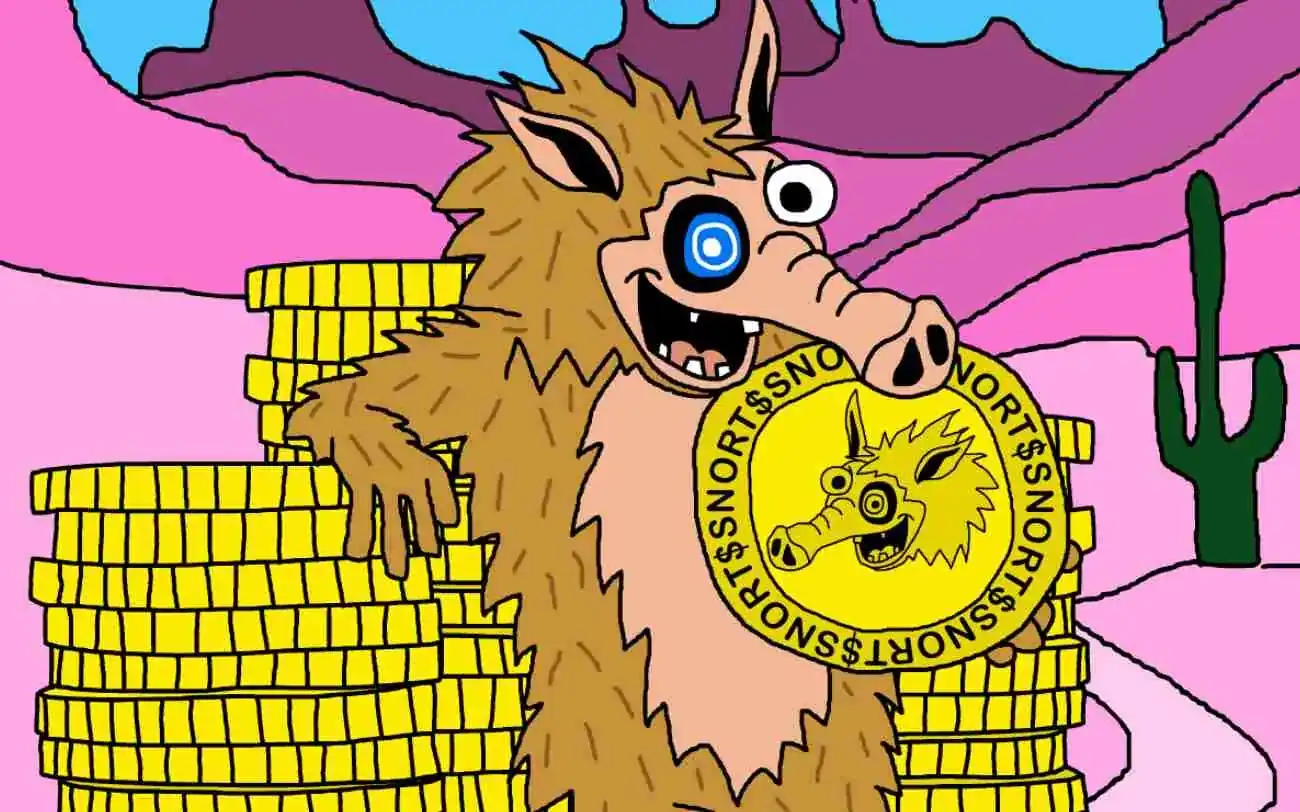 Snorterのミームが金色の硬貨の山にもたれてこっちを見ている様子