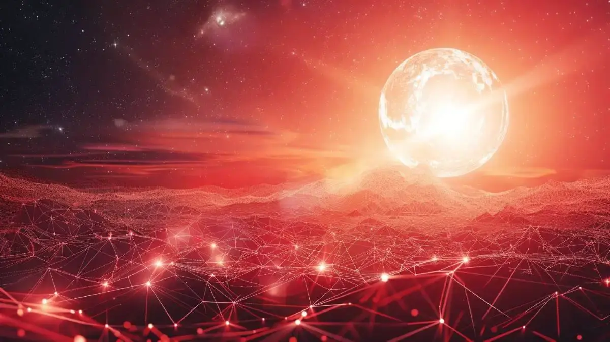 技術的な風景を照らす昇る太陽としてのソラナのロゴ