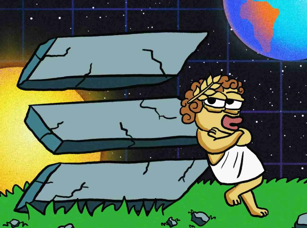 宇宙を背景にSolaxyのミームがソラナのロゴにもたれかかる様子