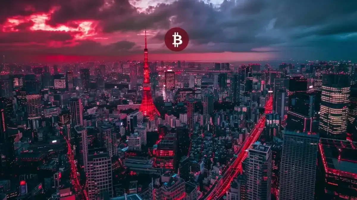 東京の風景に浮かぶ赤いビットコインロゴ