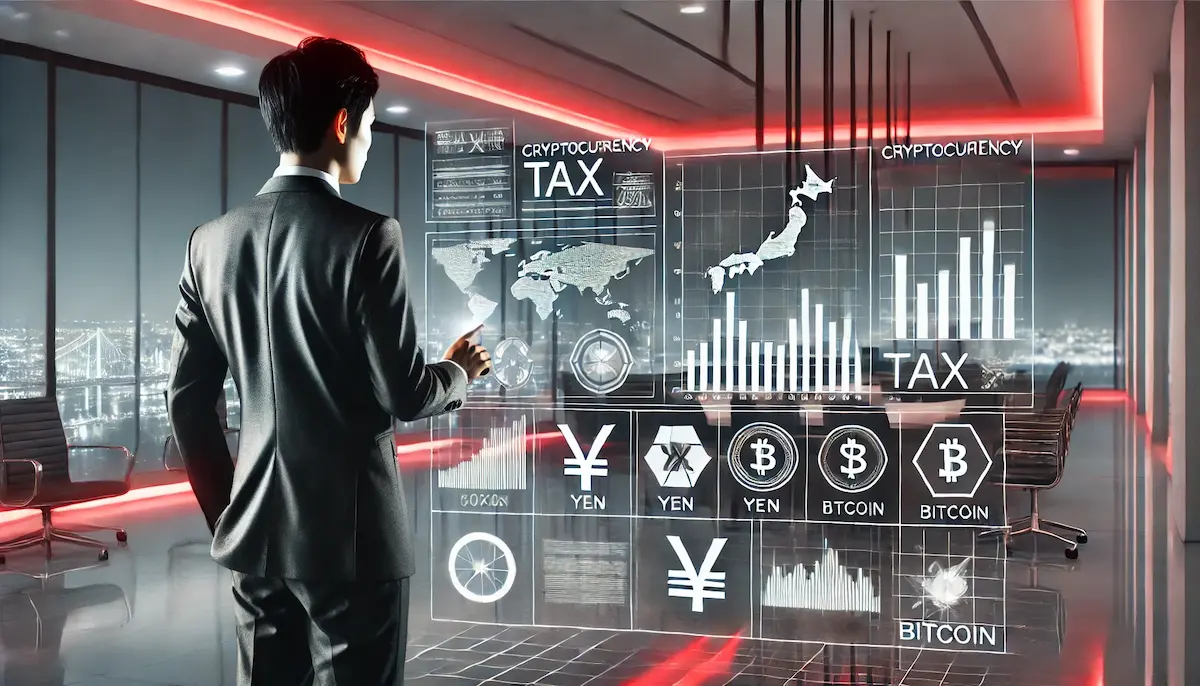 gst-price-prediction-日本のビジネスプロフェッショナルがホログラフィックディスプレイで仮想通貨の税チャートを分析している