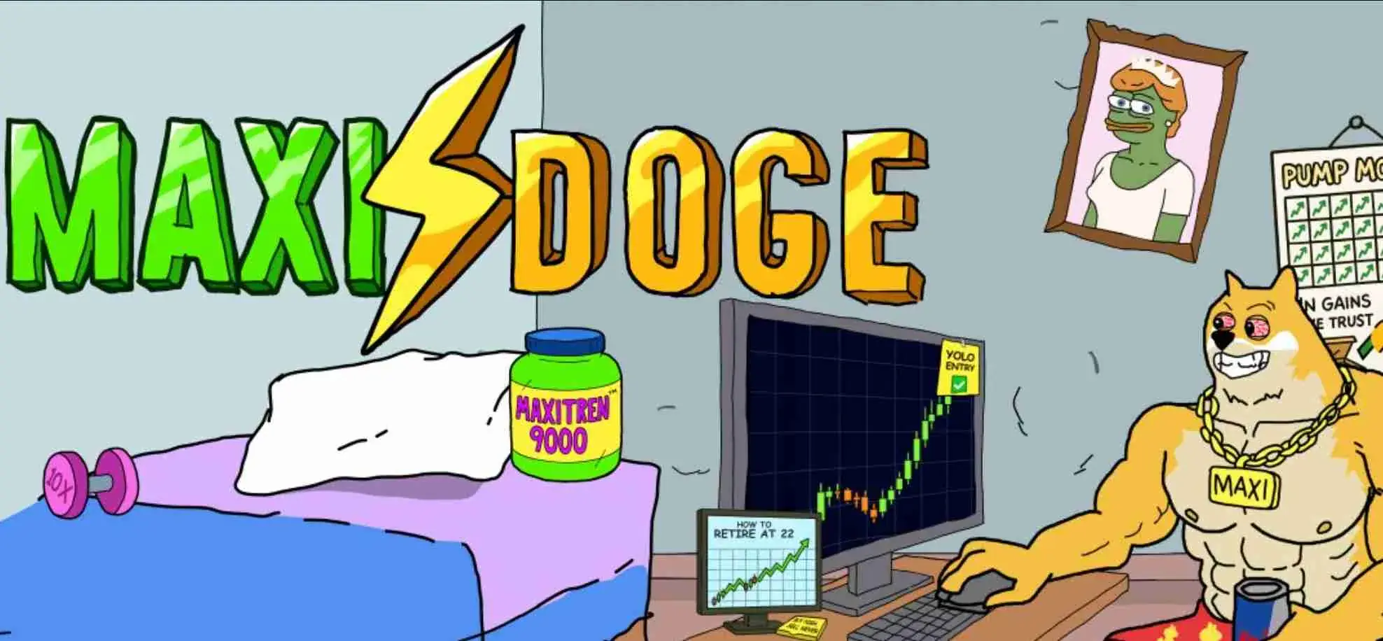 Maxi Dogeのミームが部屋でトレードをしている様子