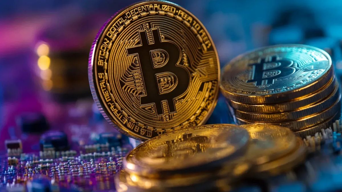 暗い背景にビットコインコインが立っている