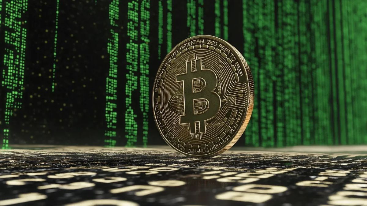 緑色のマトリックス背景に浮かぶビットコイン