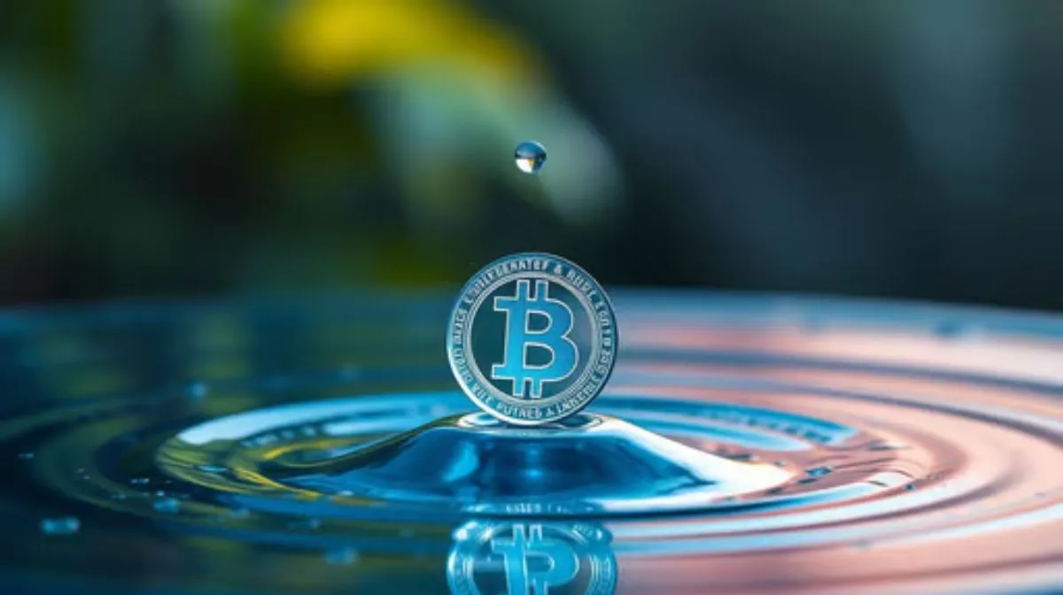 水面に映るビットコインのコイン
