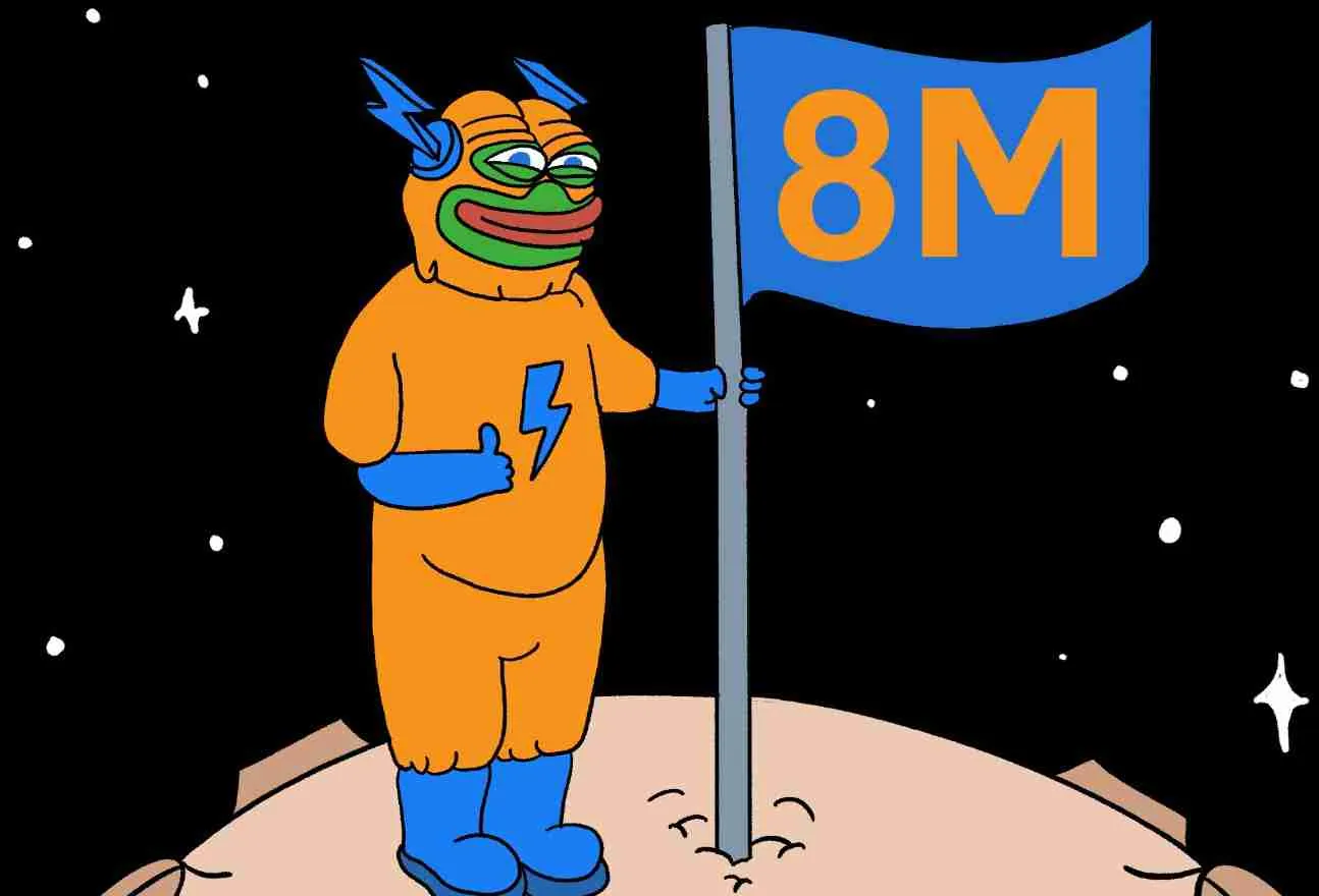 Bitcoin Hyperのミームが8Mの旗を持って宇宙で立っている様子