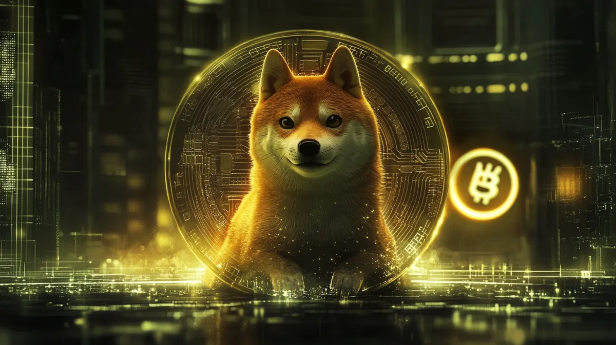 ドージコイン（DOGE）の象徴である柴犬とデジタルアート