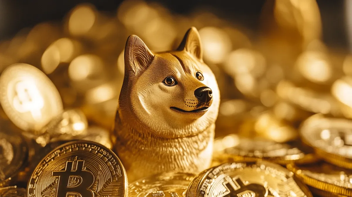 金色のビットコインの上に置かれた柴犬型のドージコイン