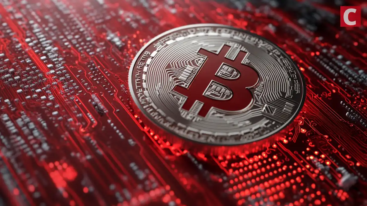 赤色の電子背景と銀色のBTC