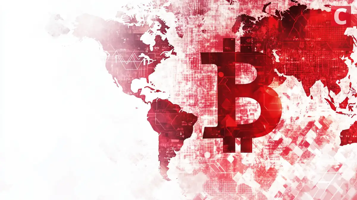 赤色のBTCロゴと赤色世界地図