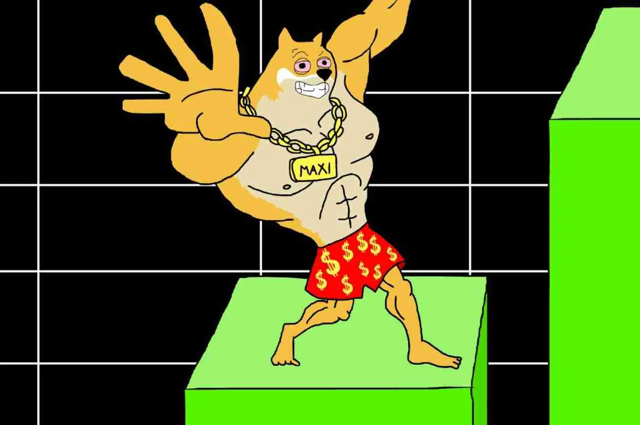 Maxi Dogeミームが上昇チャートの上でポーズを取っている様子