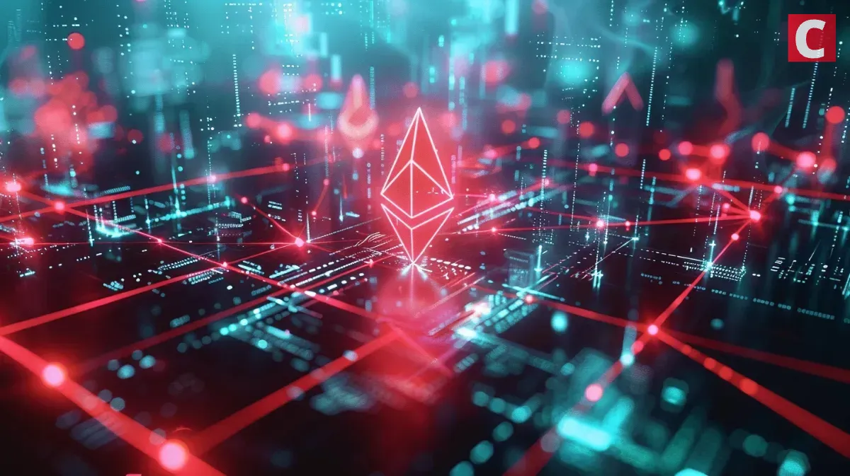 近未来の都市と赤く光るデジタルネットワークライン、中央に仮想通貨のロゴ