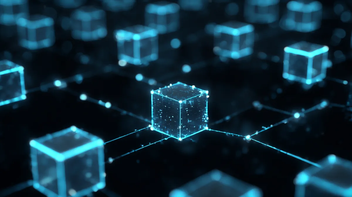 青く発光する立方体が連結されたブロックチェーンのネットワーク構造