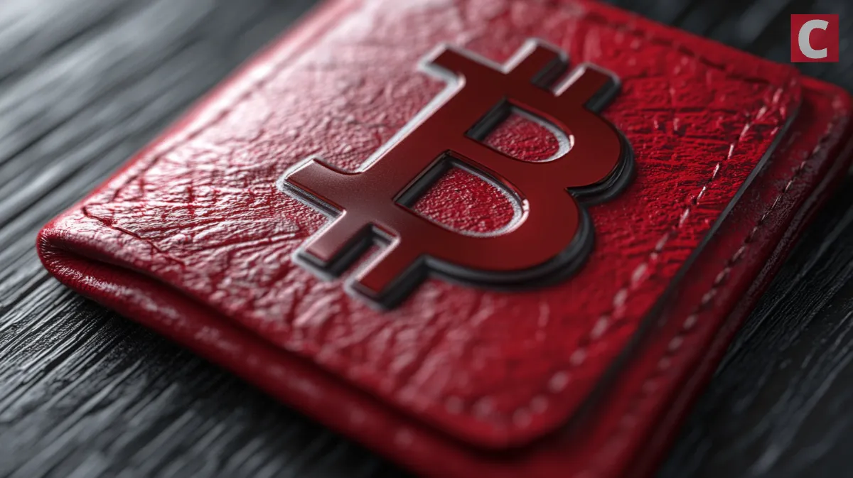黒テーブルの上に置かれてるビットコインマークの赤色ウォレット