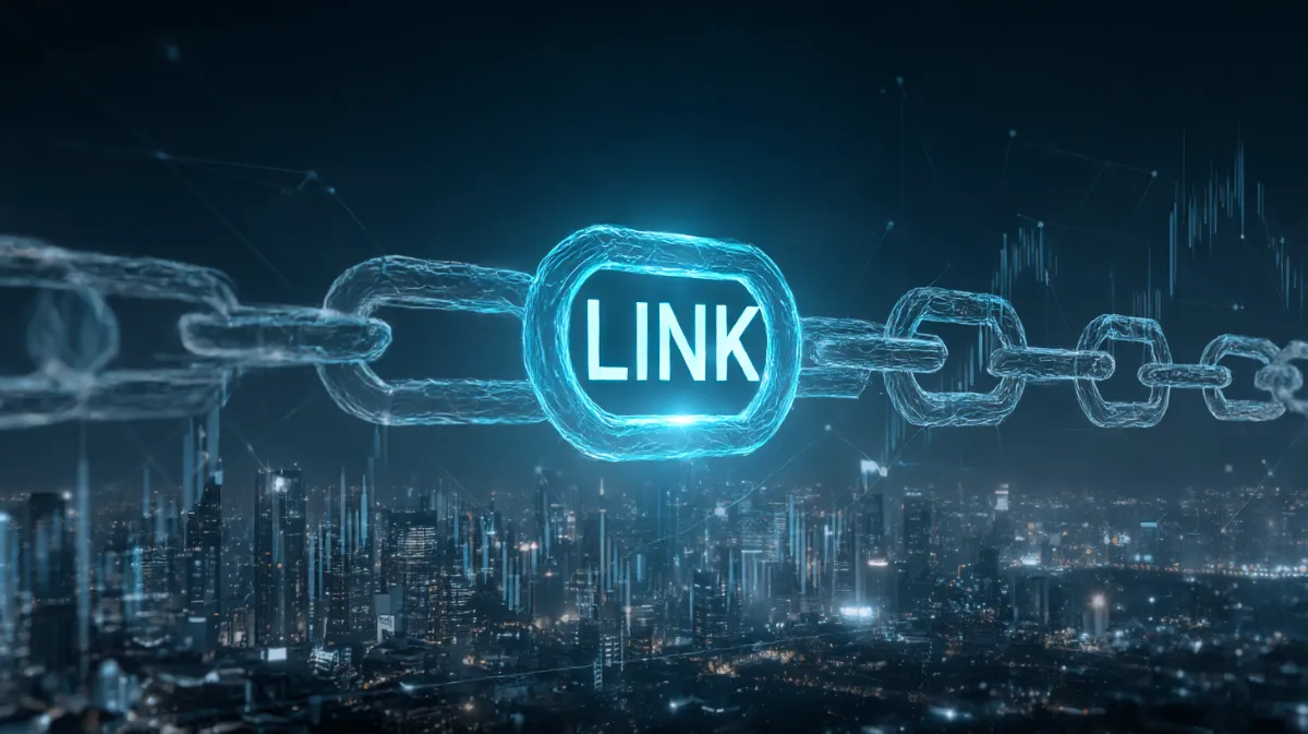 都市上空を横断する発光するチェーンと「LINK」の文字