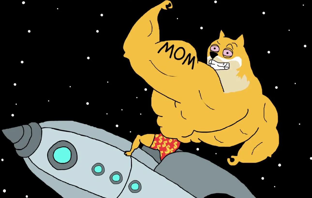 Maxi Dogeのミームが宇宙でロケットに乗っている様子