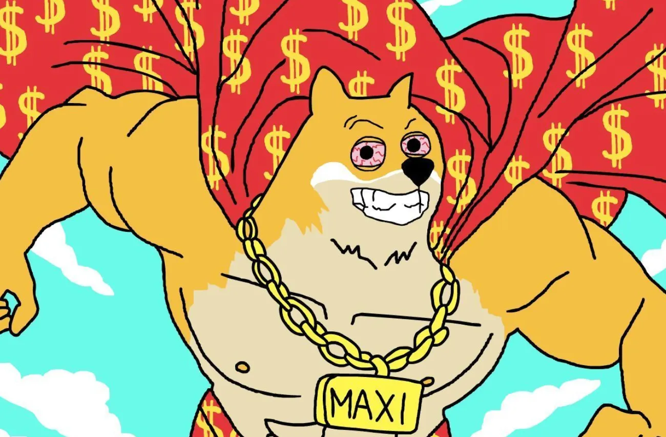 Maxi Dogeミームがマントを被って空を飛んでいる様子