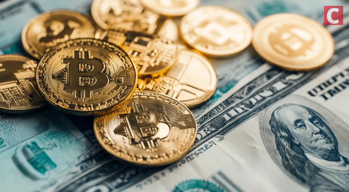ドル紙幣の上に置かれた複数の金色ビットコイン