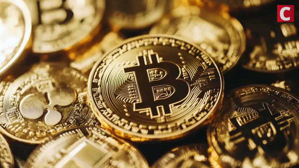 複数の仮想通貨コインが並ぶ中で輝くビットコイン。リップルなど他の暗号資産と共に、分散型経済の象徴として描かれたイメージ。