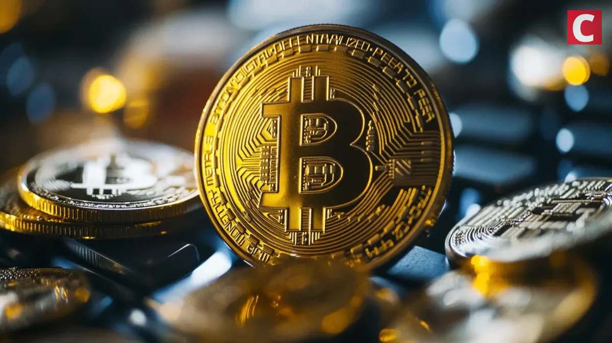 キーボードの上に立つ金色のビットコインコイン。仮想通貨市場の成長とデジタル資産時代の象徴を表すリアルフォト。