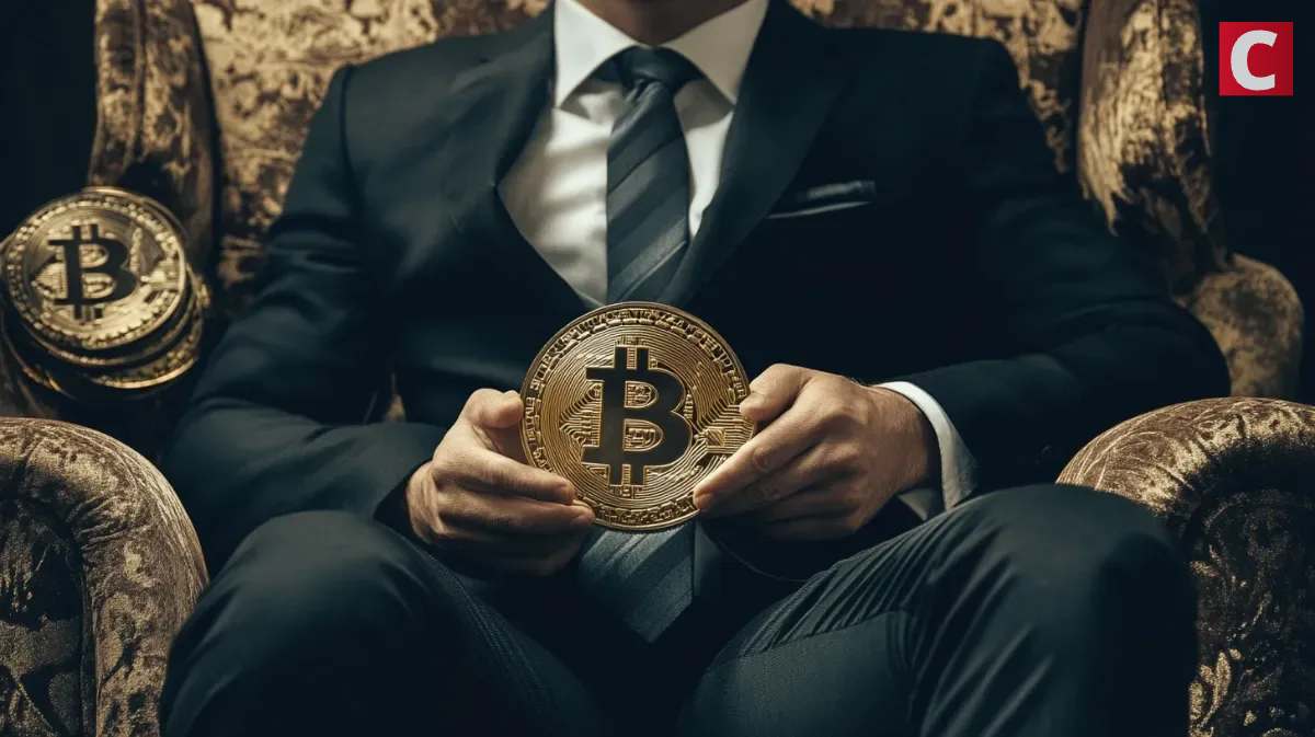 スーツ姿の男性が椅子に座り、両手でビットコインを持つ構図。仮想通貨投資の成功と富の象徴をリアルに表現した写真。