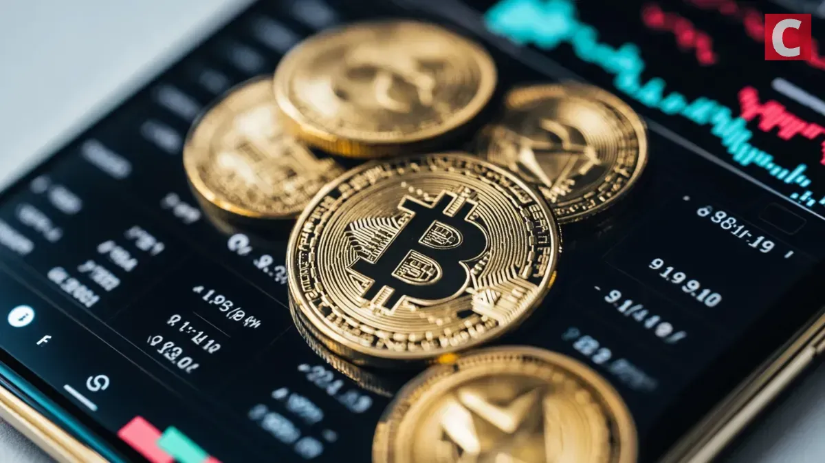 ビットコインのコインとスマートフォンのチャート画面