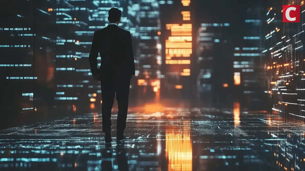 近未来的な都市空間を歩く男性の後ろ姿。ブロックチェーン技術とデジタル経済の未来をイメージしたコンセプトアート。