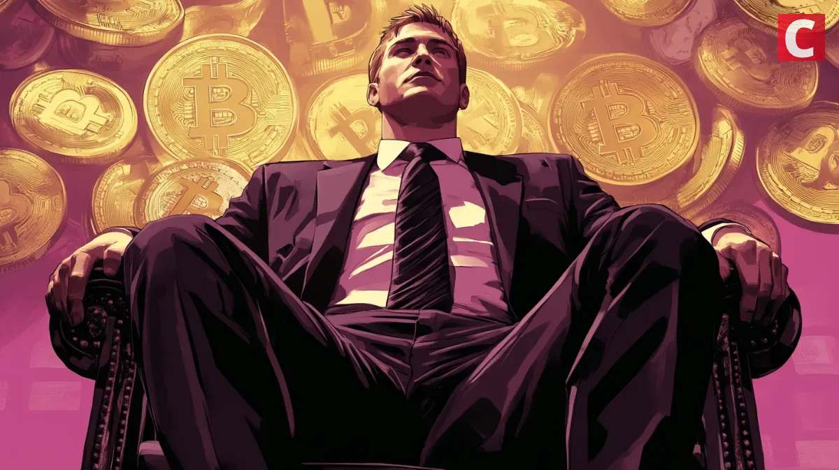 椅子に深く座り、ビットコインに囲まれた投資家。仮想通貨で成功を収めた億り人をイメージしたポップアート調のビジュアル。