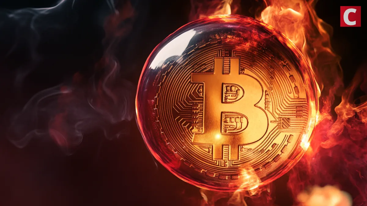 ビットコイン球に炎が包まれている様子