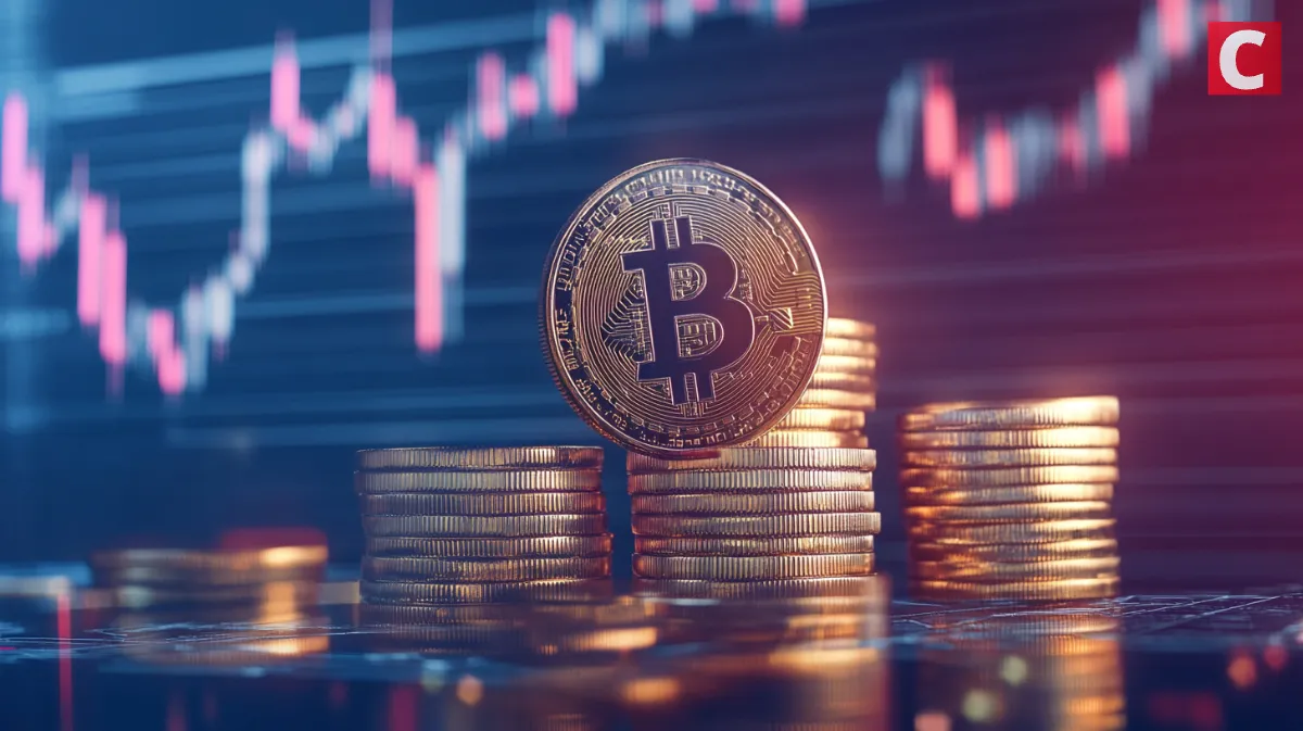 積み重なったビットコインと背景に映るチャート