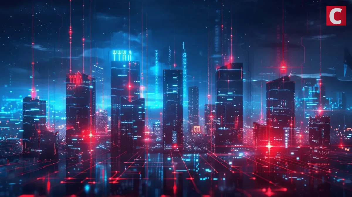 赤と青の光が走る未来都市とTRONネットワークを象徴するイメージ