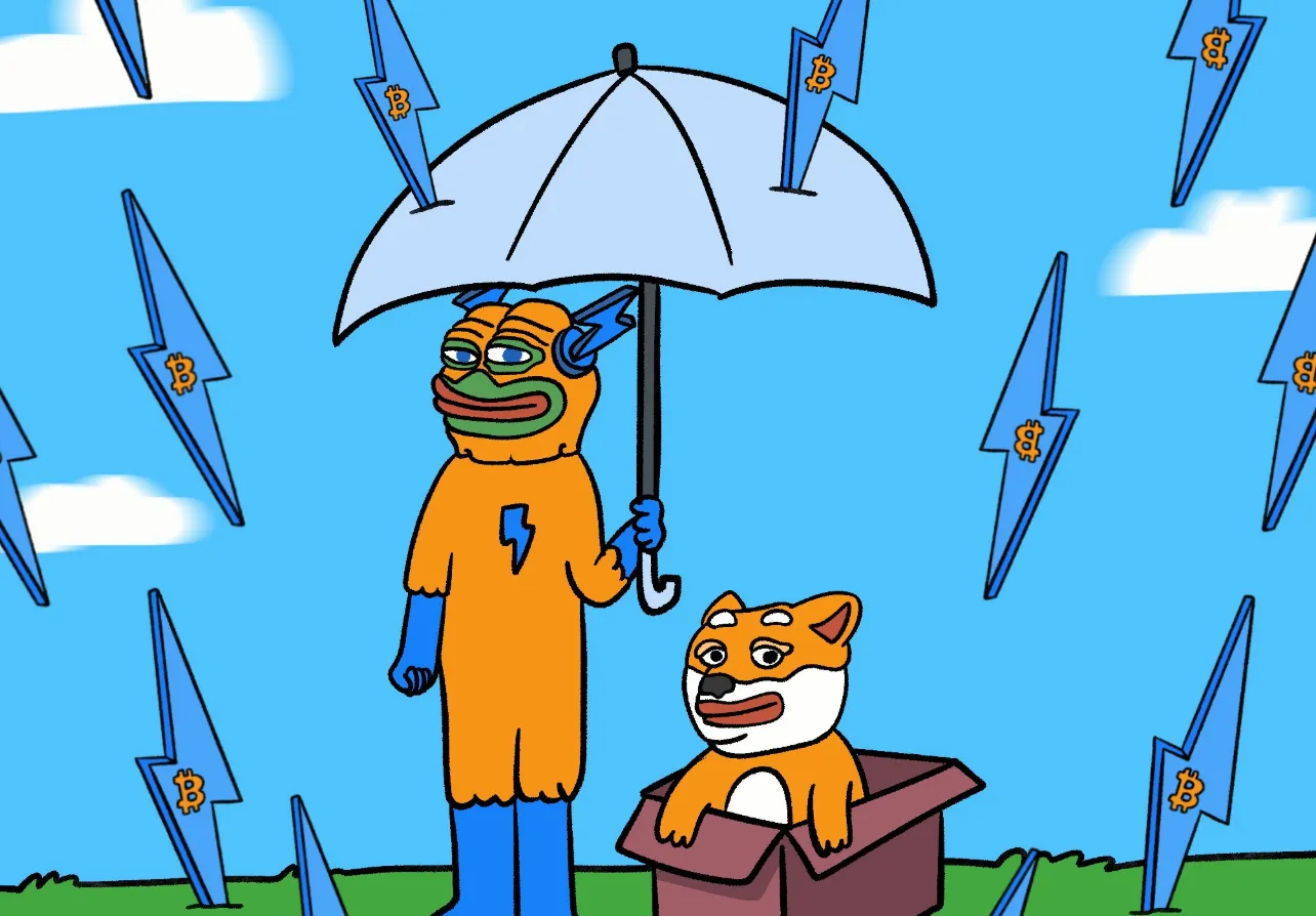 Bitcoin Hyperのミームが柴犬とともに、傘を持ってビットコインの雨を避けている様子