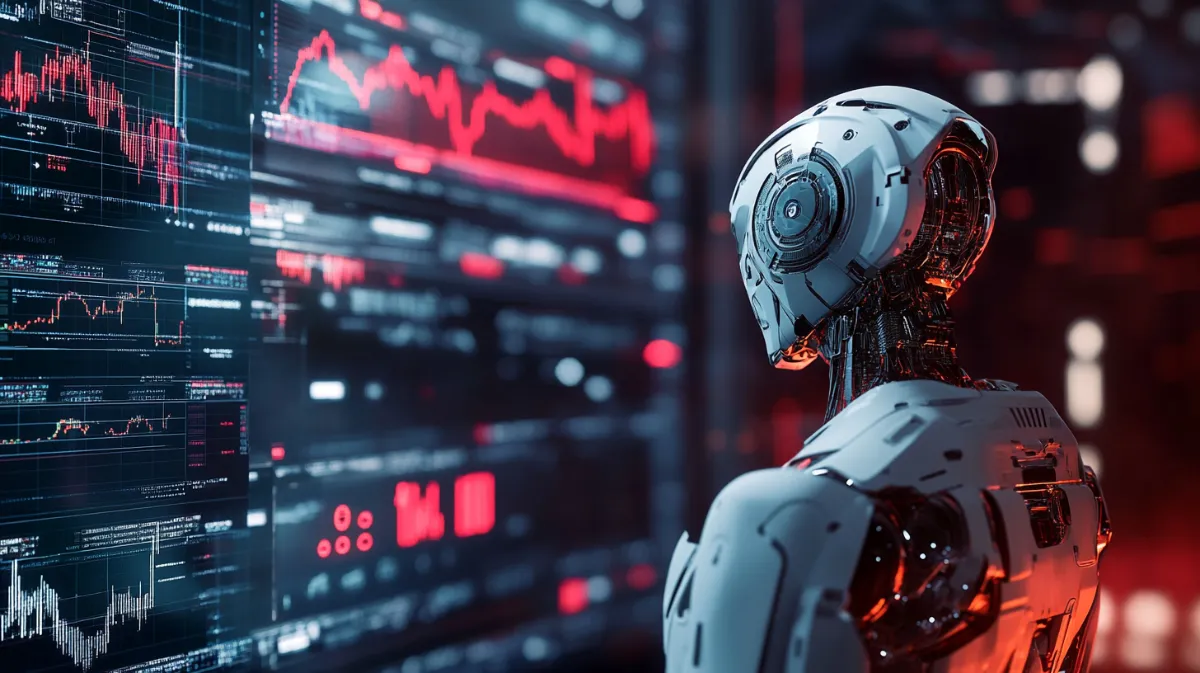 ICP仮想通貨のチャートをAIが眺めているイメージ