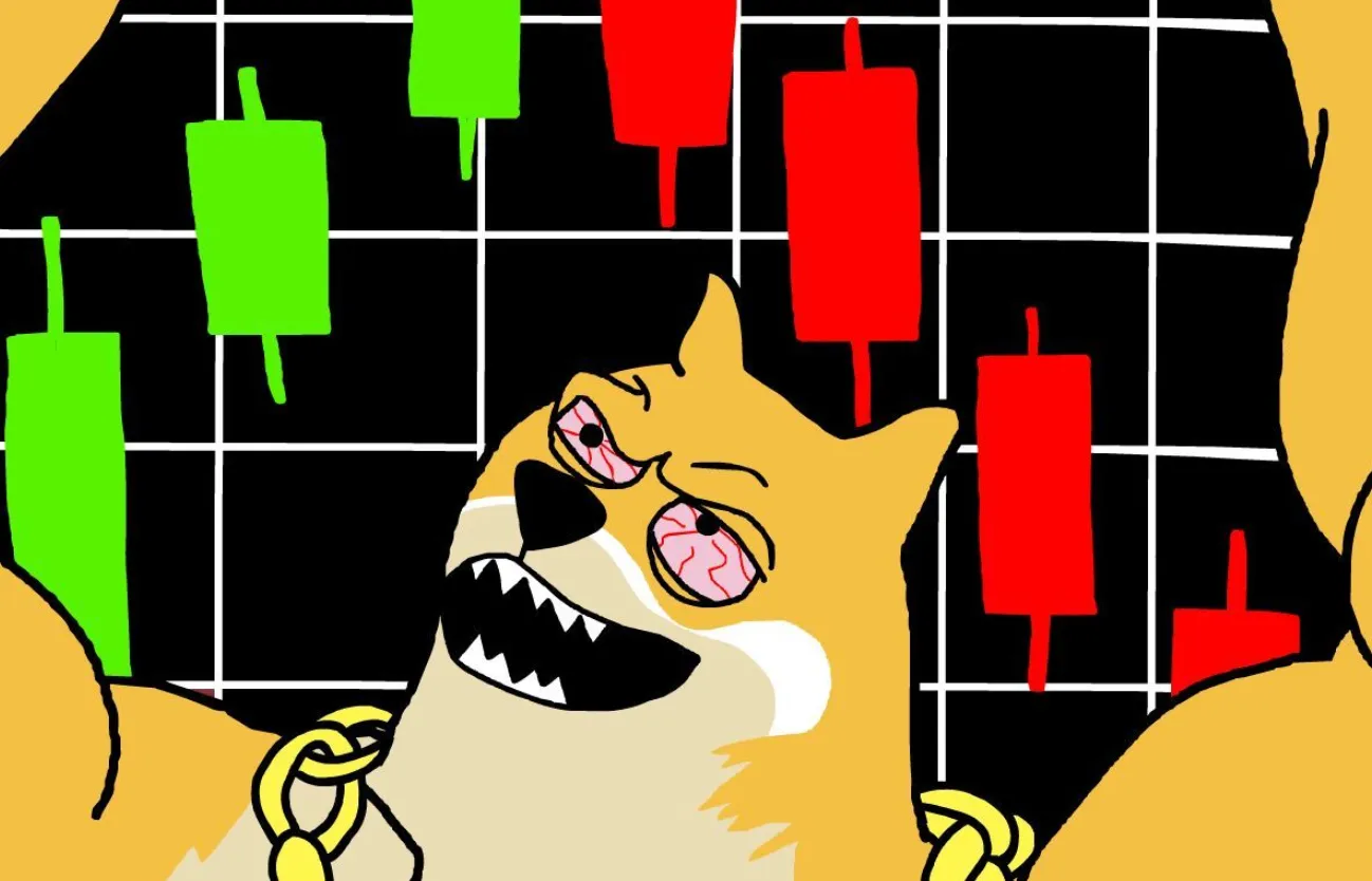 Maxi Dogeがグリーンキャンドルとレッドキャンドルを背景にガッツポーズをとっている様子