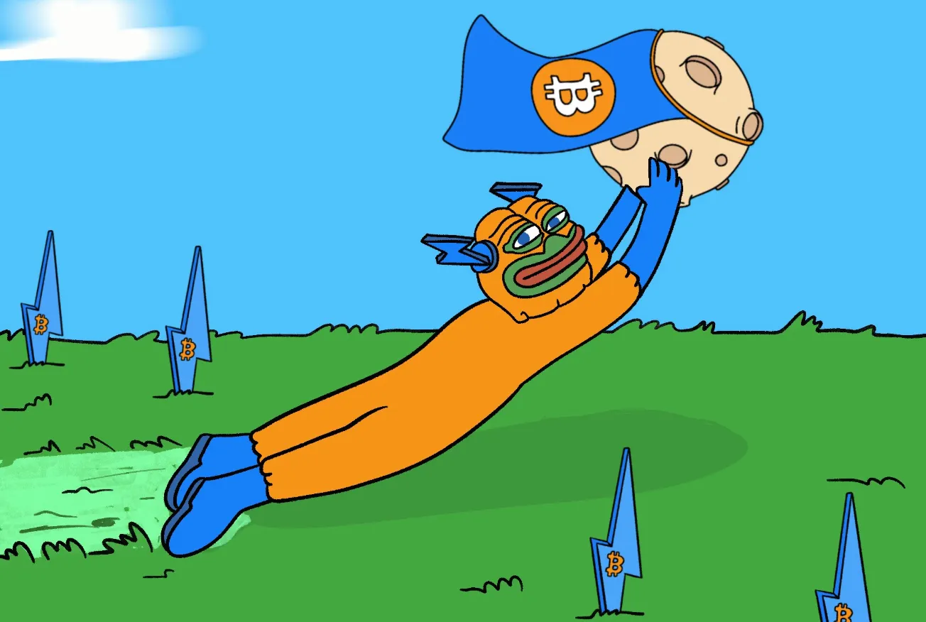 ビットコインミームを持つBitcoin Hyperミームが草むらで引きずられている様子