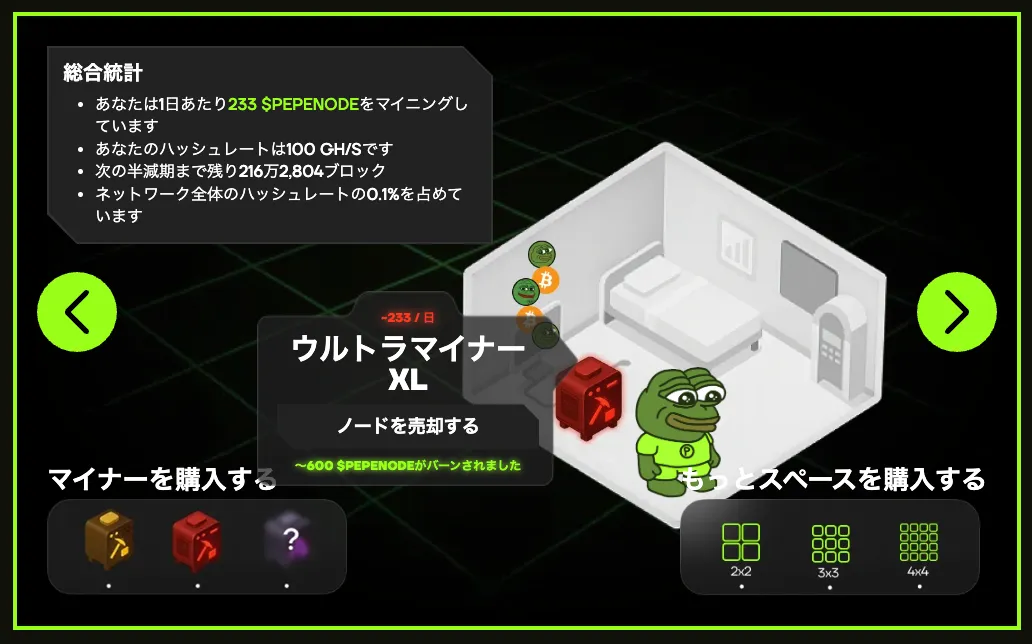 PepeNodeのマイニングプラットフォームのサンプル画面
