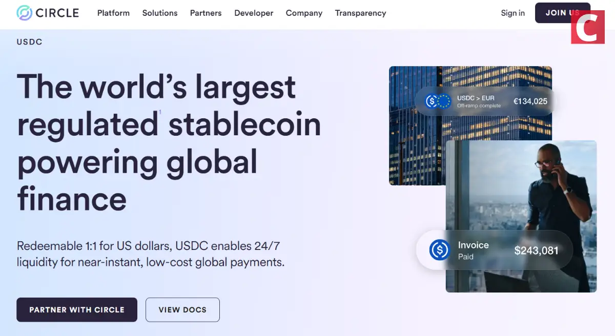 ステーブルコイン-サークル社のサイトトップ