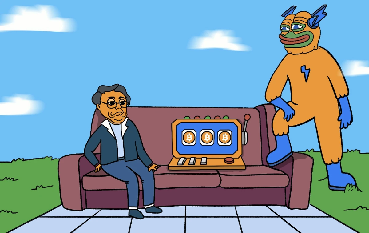 Bitcoin Hyperのミームとおじさんがソファーに座って草原でくつろいでいる様子