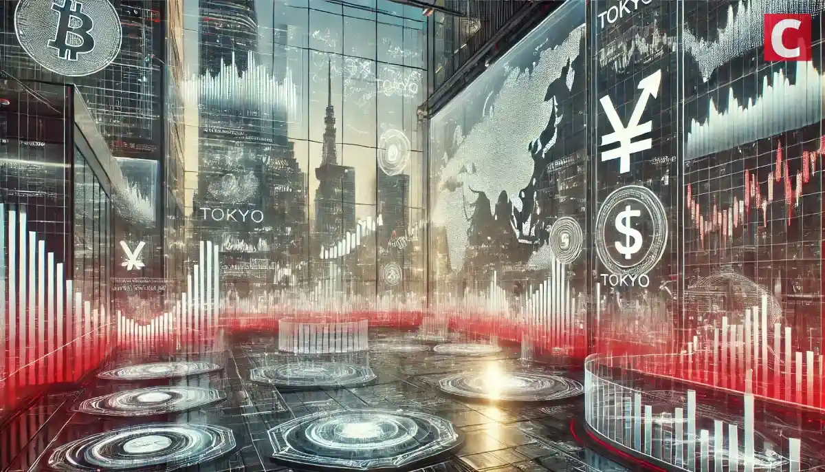 東京の街並みに、仮想通貨と為替のチャートを重ねた市場イメージ