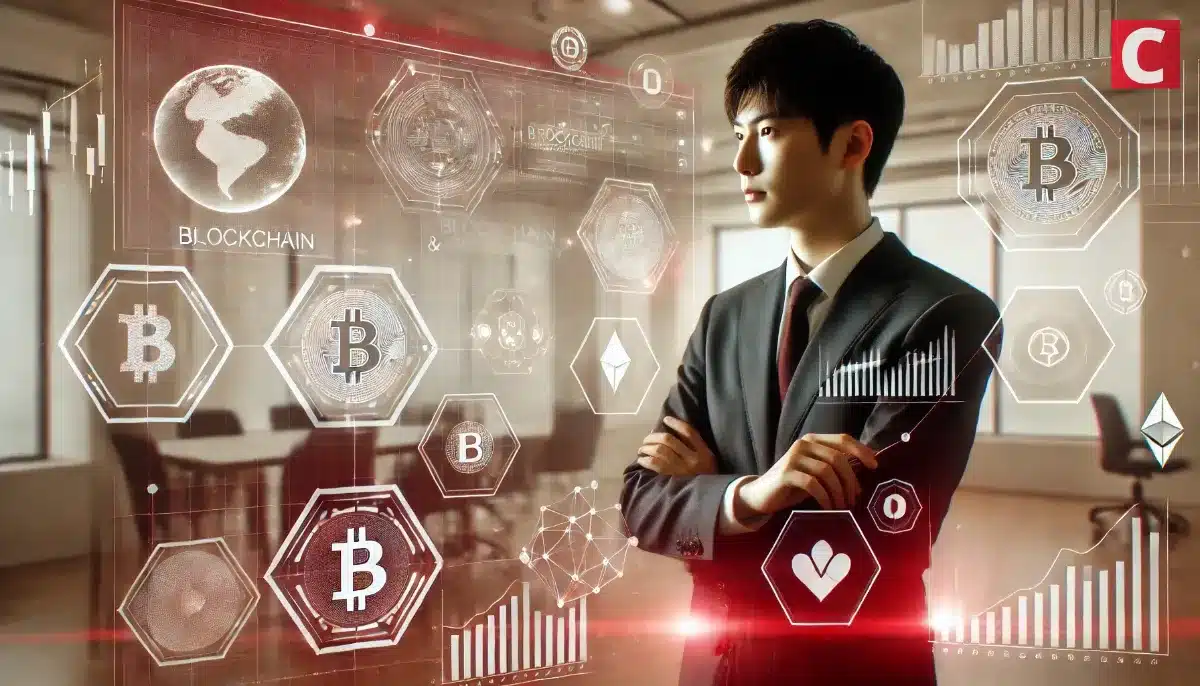 スーツ姿の人物と、ビットコインやチャートなどの金融データが重なるブロックチェーン投資のイメージ画像