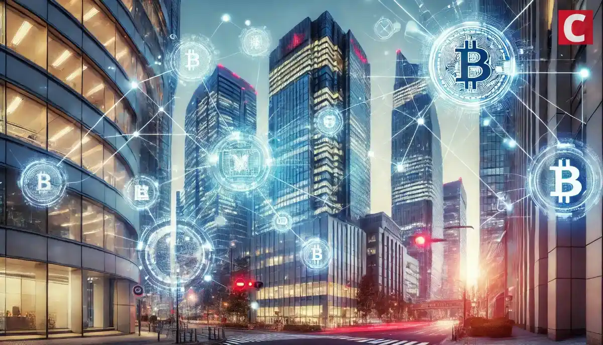 ビル街にビットコインなどのアイコンが重なり、ブロックチェーンのネットワークを表したイメージ