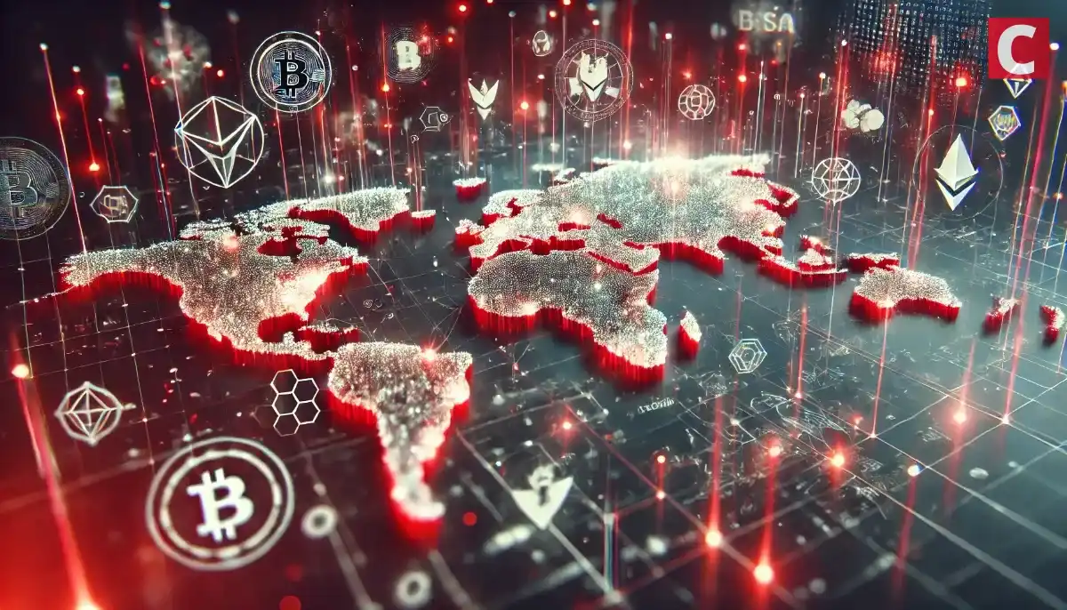 世界地図に仮想通貨のアイコンを重ね、グローバルに広がるブロックチェーンのつながりを表したイメージ画像