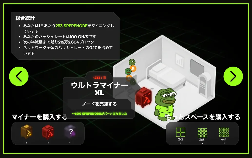 PepeNodeのマイニングプラットフォームのサンプル画面