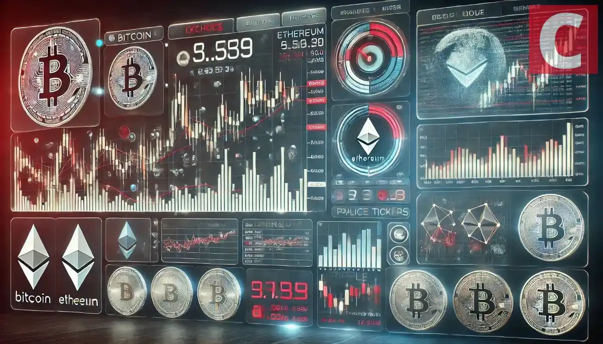 ビットコインやイーサリアムの価格チャートや指標が並ぶ、仮想通貨市場の取引画面イメージ