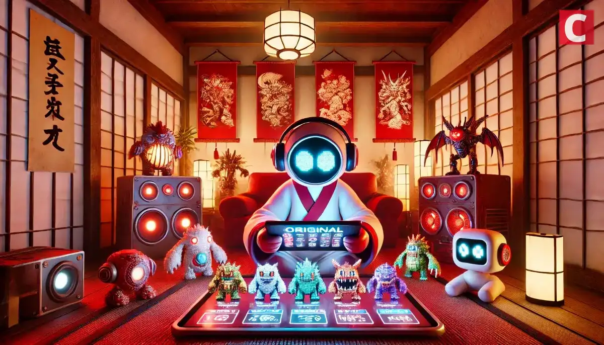 和風の空間でデジタルキャラクターを操作し、NFTを使ったゲームプレイを楽しむ様子を表現したイメージ