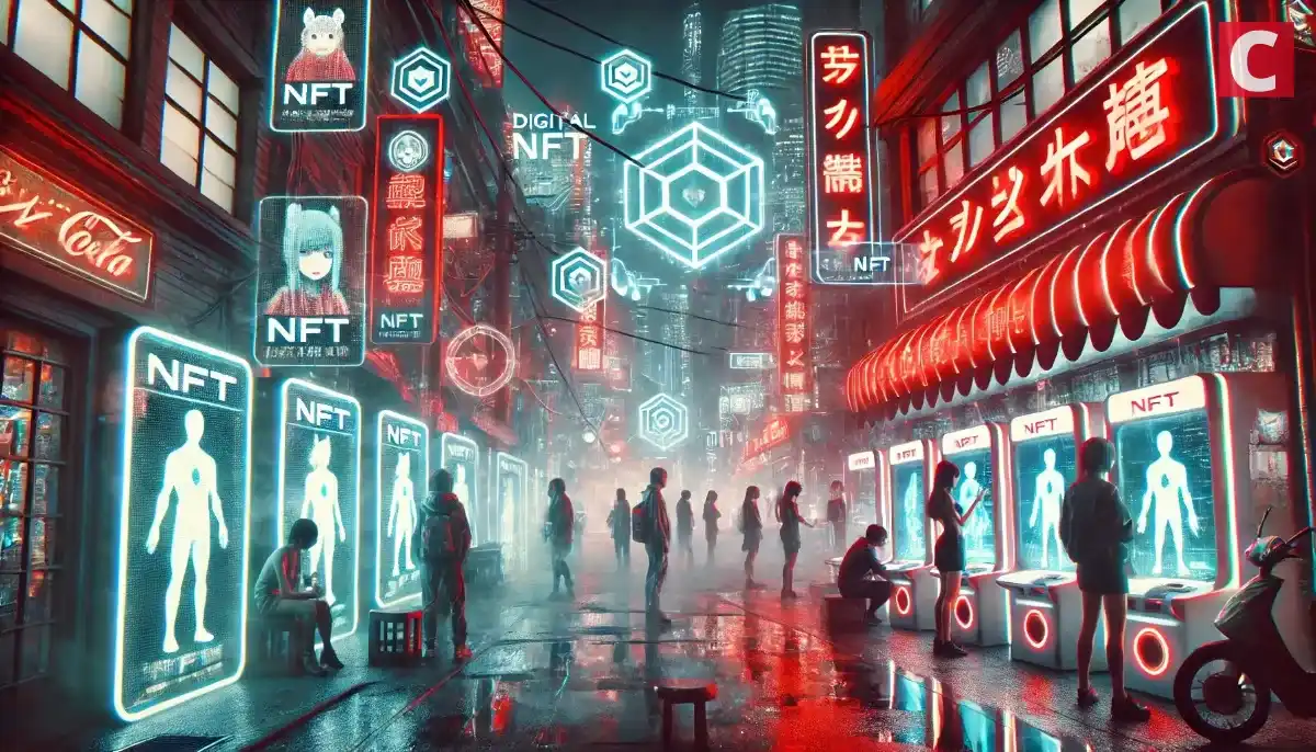 NFTが並ぶネオン街のような仮想空間で、デジタルキャラクターやアイテムが取引・展示されている様子を表したイメージ