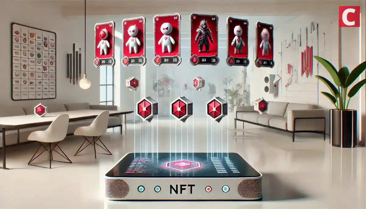 NFTカードやキャラクターが立体的に表示され、室内空間でデジタル資産を管理・取引している様子を表したイメージ