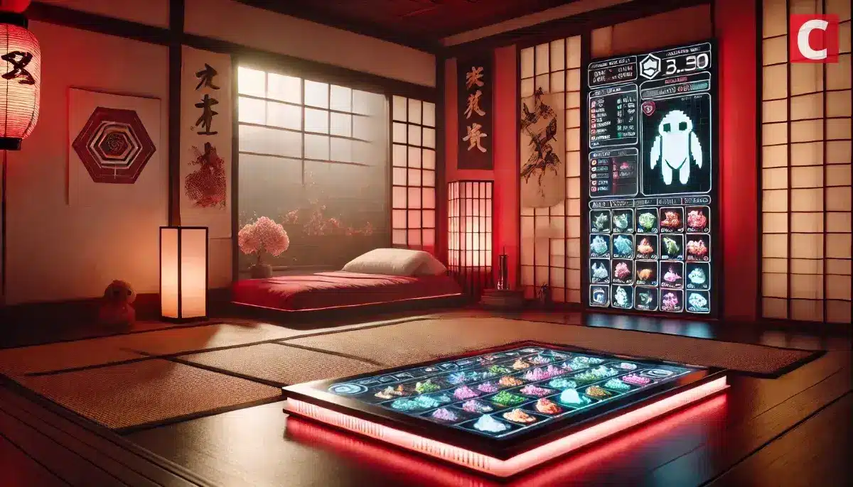 和室空間にデジタルパネルが設置され、NFTキャラクターやアイテムを一覧・管理している様子を表したイメージ